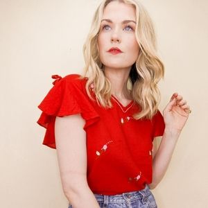 Vintage Red Linen Spilt Cap Sleeve Rosette Blouse